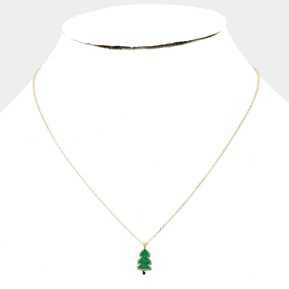 Gold Holiday Style Christmas Tree Charm Pendant Necklace Fun Statement Chain - Picture 2 of 2